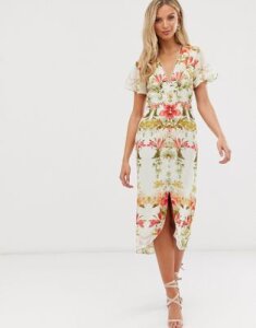 Hope & Ivy floral button front midi dress-Cream