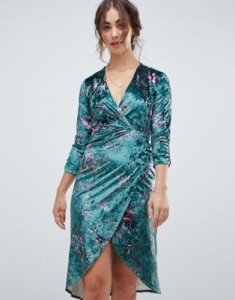 Hope & Ivy long sleeve wrap front velvet midi dress in bird print-Multi
