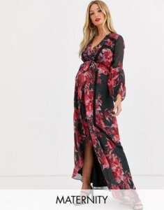 Hope & Ivy Maternity wrap front maxi dress with lace insert and blouson sleeve in floral print-Multi