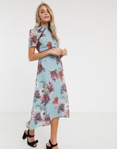 Hope & Ivy midi dress with open back in gray floral-Multi