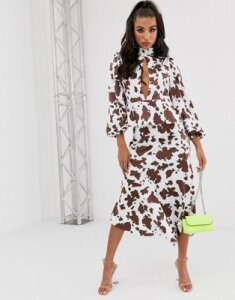 House Of Stars bias cut skirt in cow print with ruffle hem two-piece-White
