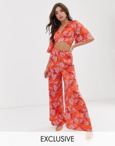 House of Stars extreme wide leg pants in floral two-piece-Red