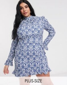 In The Style Plus exclusive high neck frill hem skater dress in blue floral baroque print