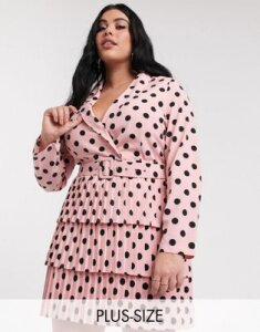 In The Style Plus exclusive plunge front blazer dress with pleated skirt contrast pink polka-Multi