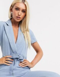 In The Style short sleeve denim jumpsuit in blue