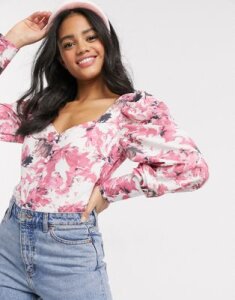 In The Style x Fashion Influx button detail bell sleeve body in pink floral print-Multi