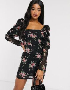 In The Style x Fashion Influx puff sleeve mini dress in floral print-Multi