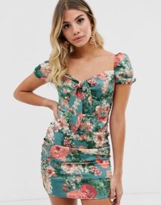 In The Style x Fashion Influx puff sleeved tie front mini dress in green floral-Multi