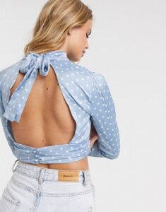 In The Style x Laura Jade satin polka dot top with back slit two-piece-Blue