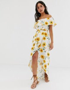 Influence bardot frill maxi dress in sunflower print-White