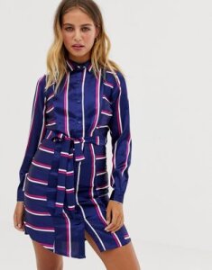 Influence belted midi shirt dress in stripe print-Navy