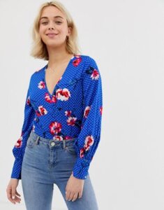 Influence button down body in floral and polka dot print-Blue