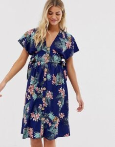 Influence button through midi dress in tropical floral print-Navy