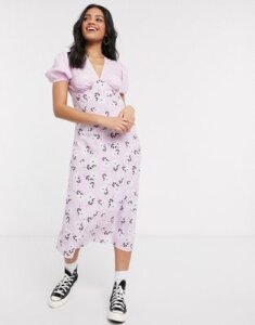 Influence floral midi tea dress with mixed lilac floral print-Pink