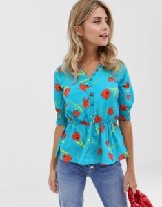 Influence floral print button through blouse-Blue