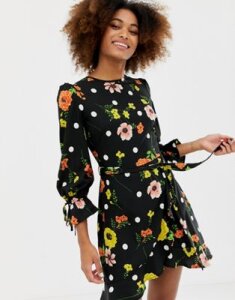 Influence frill skirt back detail dress in floral and polka dot-Black