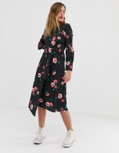 Influence knot front asymmetric wrap dress in floral and polka dot print-Black