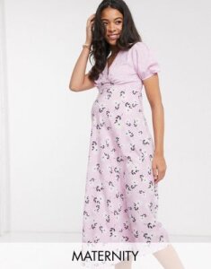 Influence Maternity floral midi tea dress with mixed lilac floral print-Pink