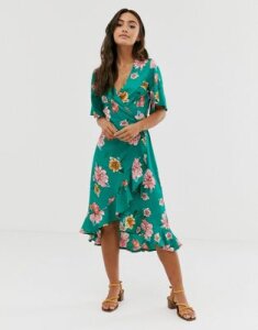 Influence midi wrap dress with frill in floral print-Green