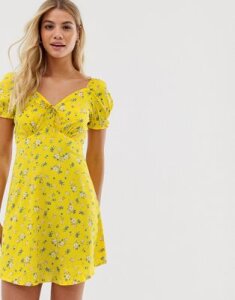 Influence mini dress with puff sleeves in ditsy print-Yellow