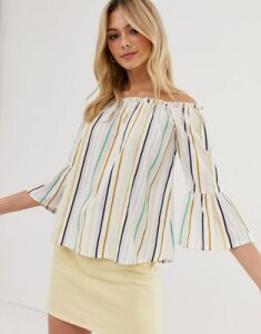 Influence off shoulder top with flared sleeves in natural stripe-White