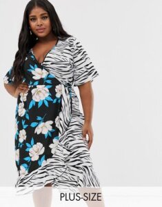Influence Plus midi wrap dress in floral zebra print mix-Blue