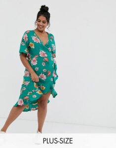 Influence Plus midi wrap dress with frill in floral print-Green