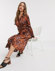 Influence satin belted midi dress in multi print-Brown