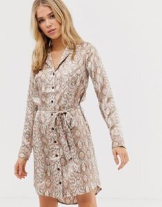 Influence shirt dress with tie waist in snake print-Multi