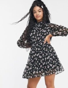 Influence shirt dress with tiered skirt in floral print-Black