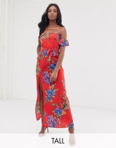 Influence Tall off shoulder maxi dress in bold floral print-Red