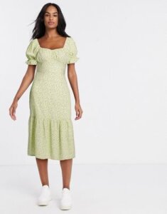 Influence tiered spot tea dress with gathered sleeves-Green