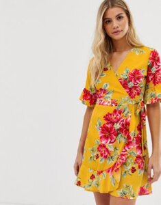Influence wrap dress with frill detail in floral print-Yellow