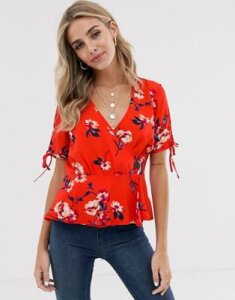 Influence wrap front top with tie sleeves in floral print-Red