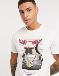 Jack & Jones Originals Christmas t-shirt with pug print-White