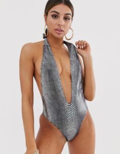 Jaded London deep plunge swimsuit in silver metallic snake-Multi