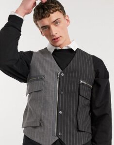 Jaded London spliced pinstripe utility suit vest in black and gray