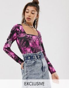 Jaded London square neck body in abstract print-Pink