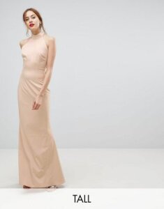 Jarlo Tall High Neck Ruched Open Back Maxi Dress-Pink