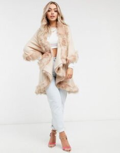 Jayley double layer faux-fur trim cape in blush pink