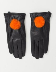 Jayley lambs leather gloves with faux fur pom pom-Black