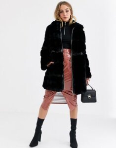 Jayley zip through belted faux fur coat-Black