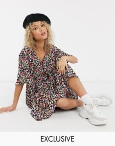 JDY midi smock dress with tie waist in mixed floral-Multi