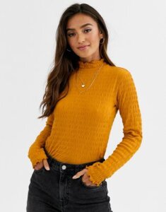 JDY smock long sleeve top with high neck in mustard-Yellow