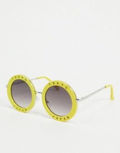 Jeepers Peepers round sunglasses in yellow with black text print