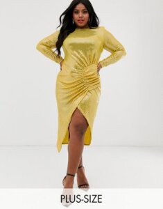 John Zack Plus bodycon maxi dress with ruched detail in yellow sequin