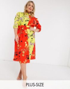 John Zack Plus exclusive midi shirt dress in contrast multi floral print