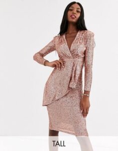 John Zack Tall plunge front sequin wrap midi dress in rose gold-Pink