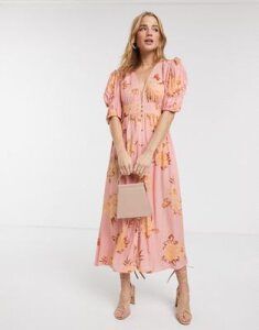 Keepsake button through forever floral midi dress in tan gardenia-Pink