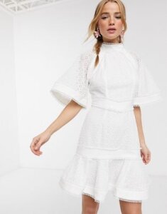 Keepsake high neck ardour embroidered mini dress in procelain-White